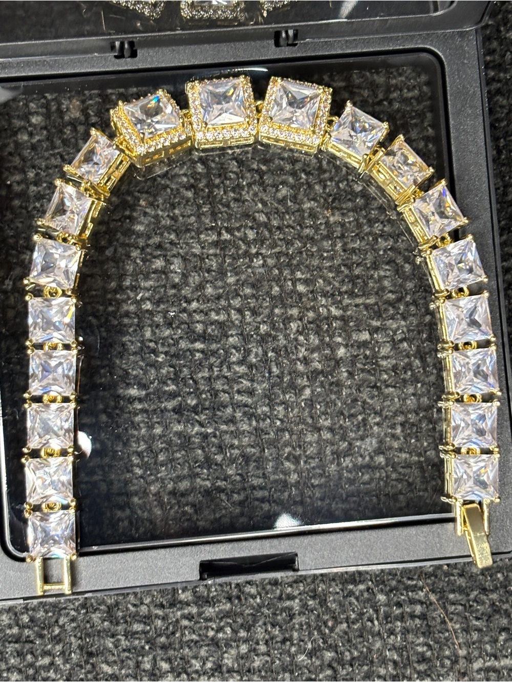 Gold Tennis Bracelet with Clear Square Stones
